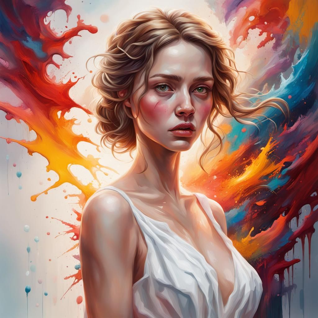 Woman in White Dress: Hyperrealistic Splash Art
