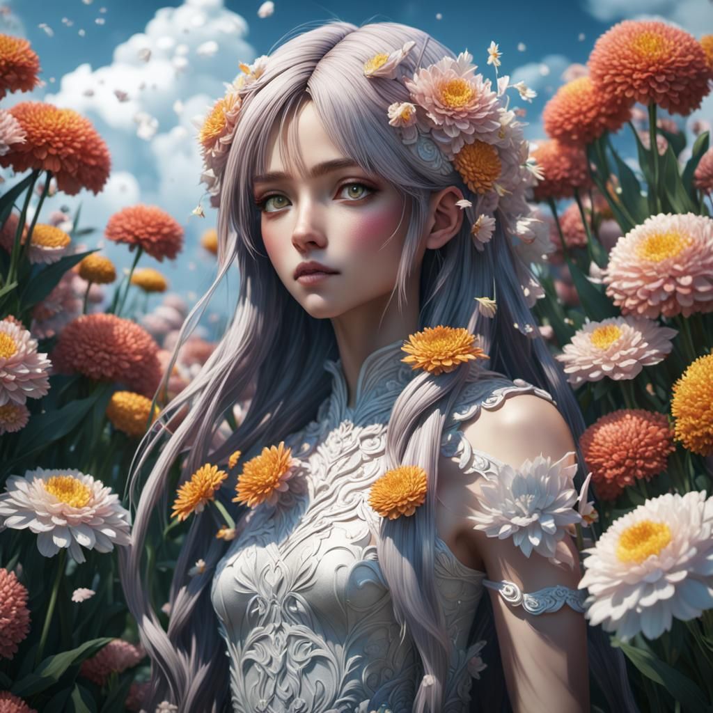 Hyperrealistic Flower Girl Fantasy Concept Art