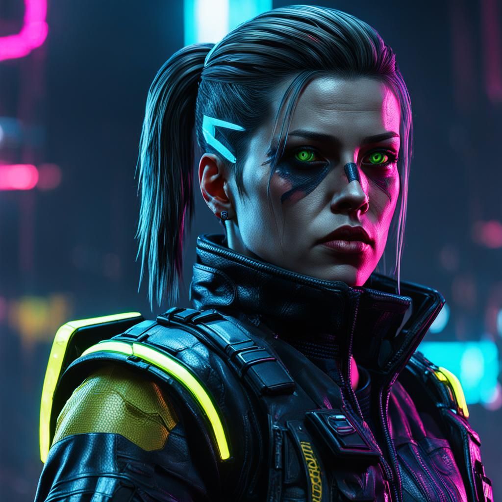Cyberpunk Warrior in Neon Cityscape
