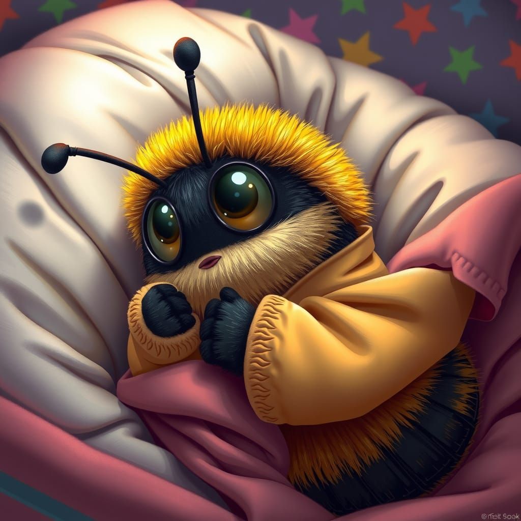 Cartoon Bumblebee Snuggled in Bed, Digital Illustration