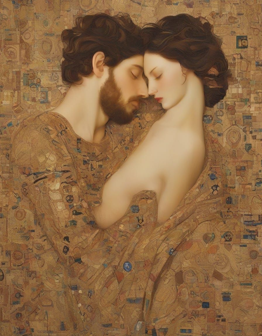 Klimt-Inspired Embrace in Gold Leaf and Mosaic Style