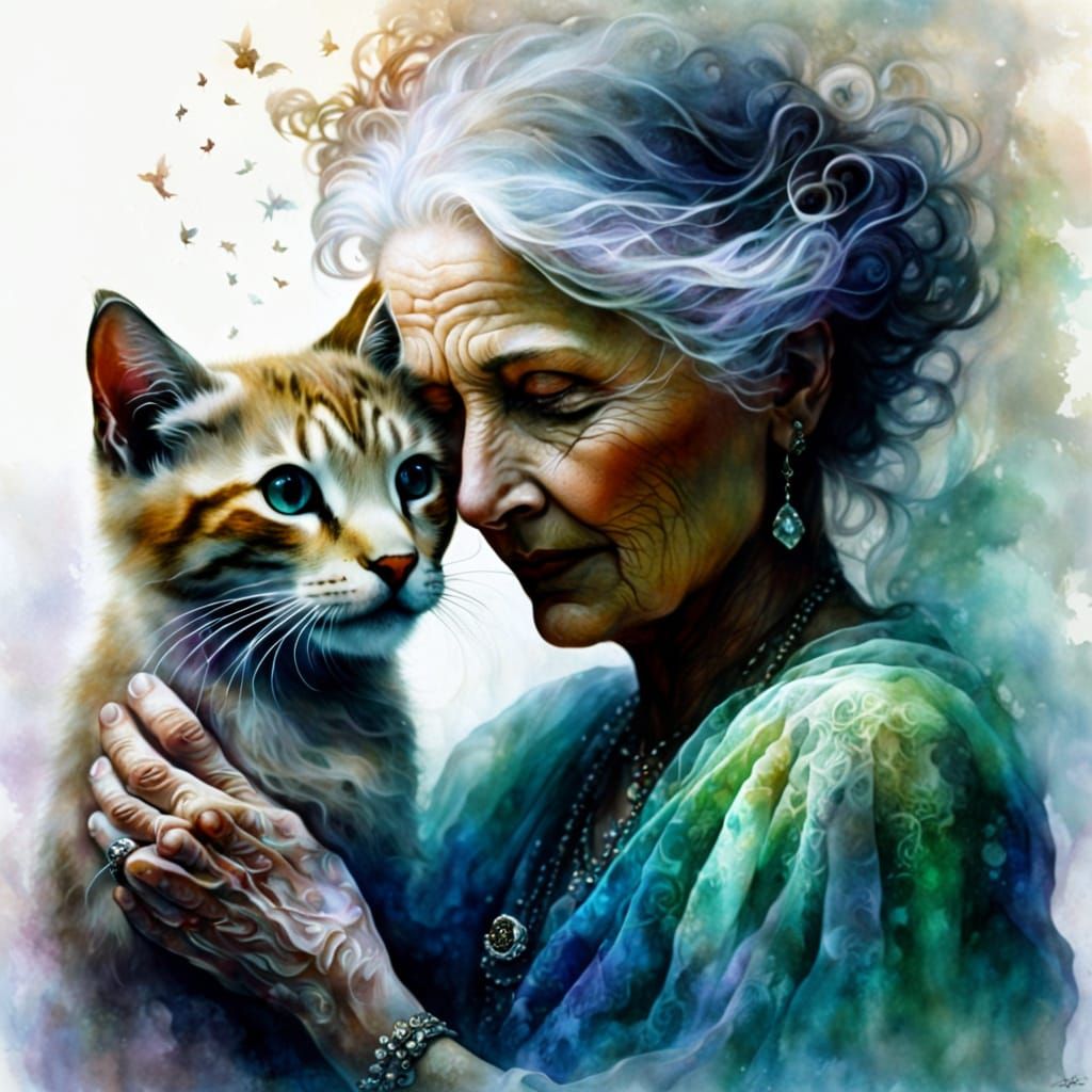 Older Woman Patting Kitten in Alcohol Ink Style