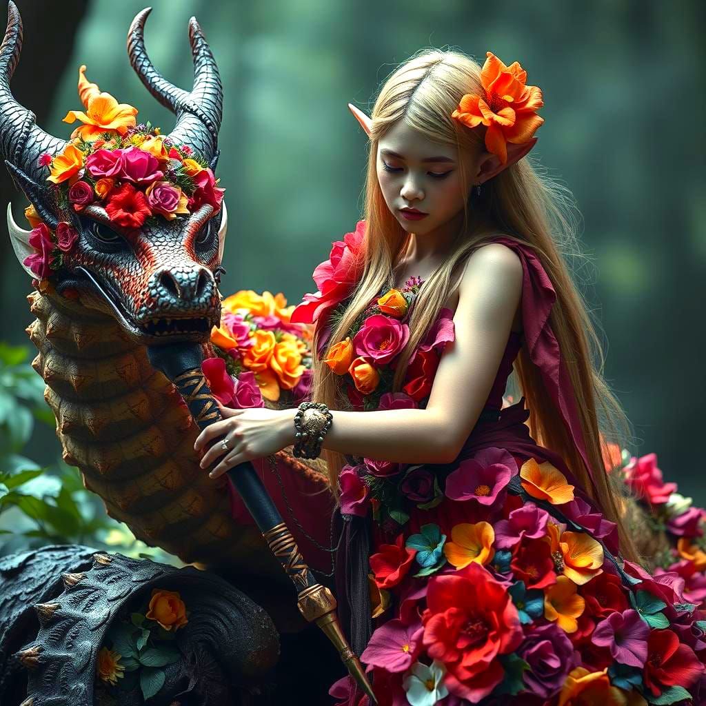 Elf Warrior with Floral Dragon, Hyperrealistic Image