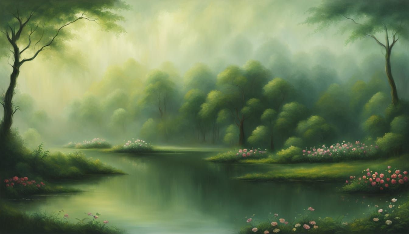Misty Forest Lake with Glowing Flowers in Baroque Style