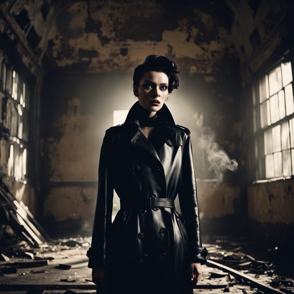 Noir Goth Fashion Model in Abandoned Gallery