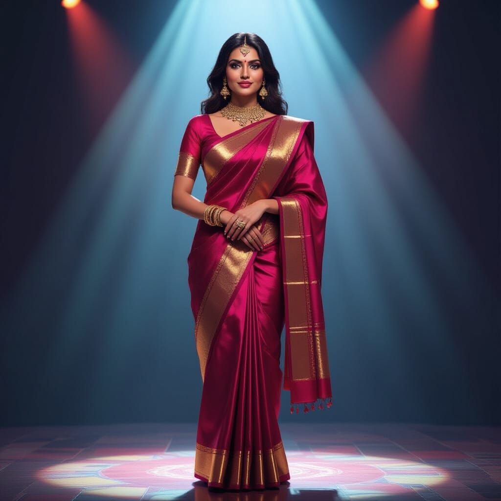 Stunning Indian Woman in Sari on Stage Under Spotlight