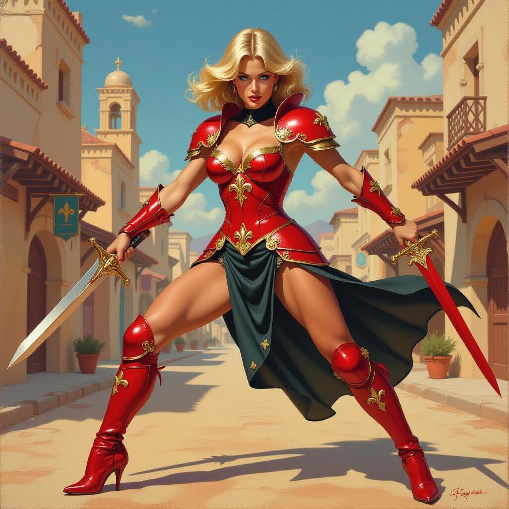 Armored Woman with Red Sword in Fantasy Desert City