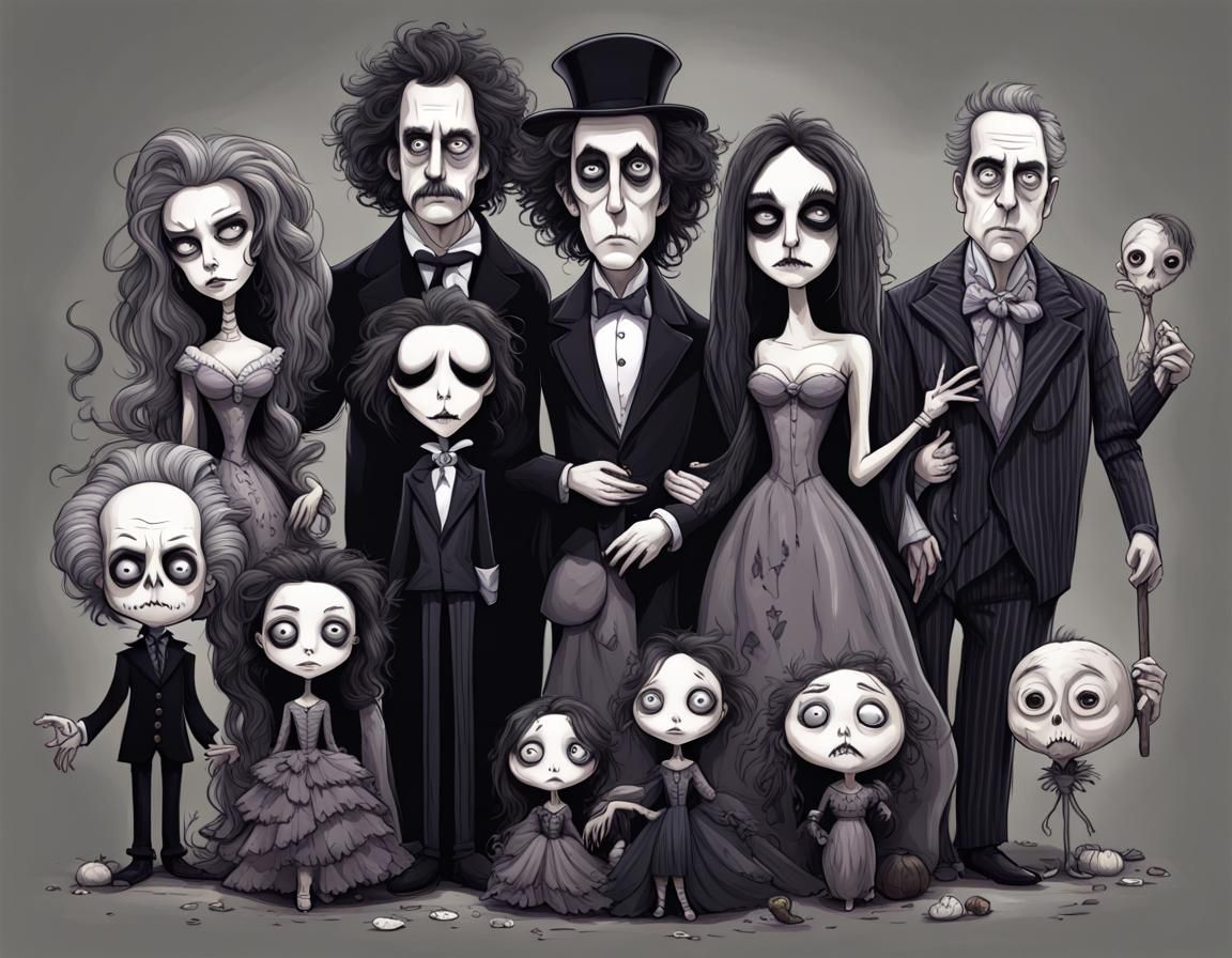 Addams Family Caricature in Burtonesque Vector Style