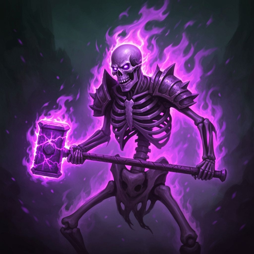 Skeleton Wielding Fiery Purple Hammer in Swirling Violet Fla...