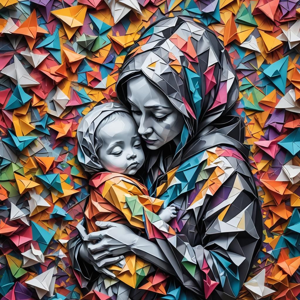 mother hugging baby grafitty art