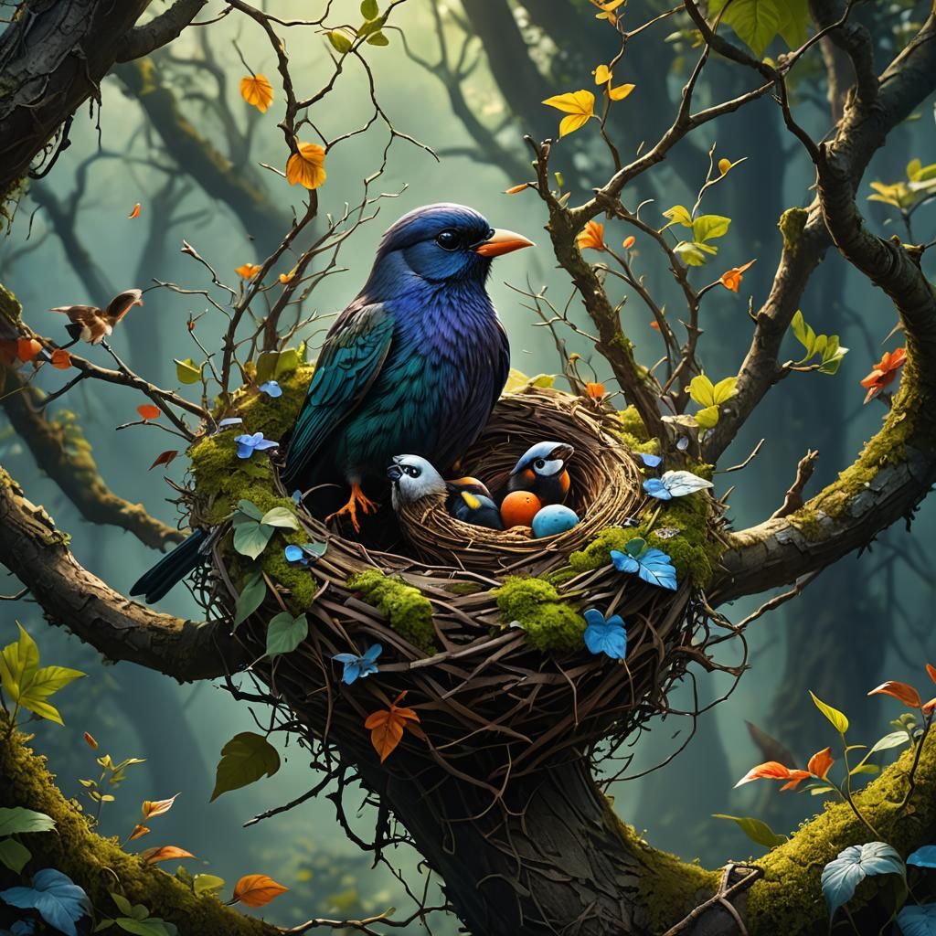 A Timid Bird in a Nest: Matte Painting