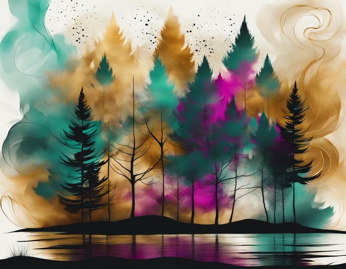 Abstract Fox Portrait: Digital Ink Art with Teal and Gold