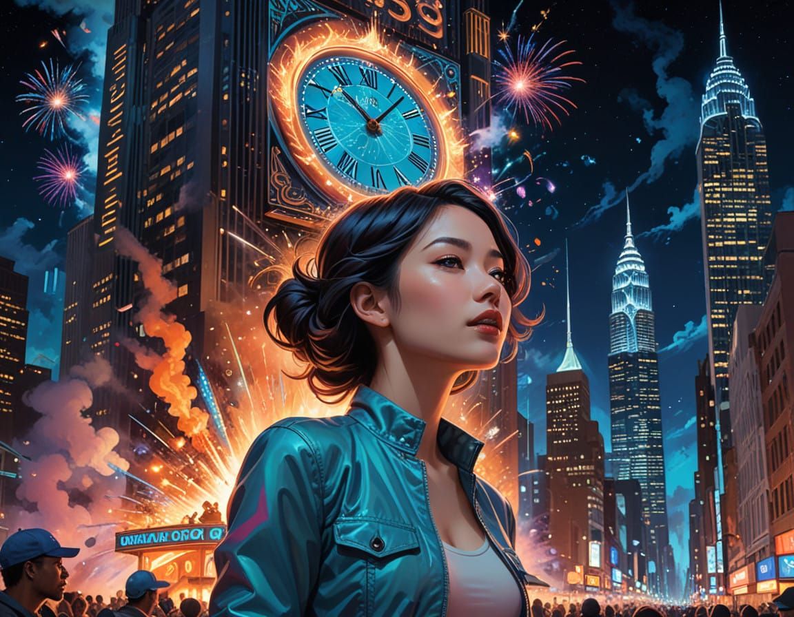 Futuristic Cityscape Celebrates New Year in Vibrant, Kaleido...