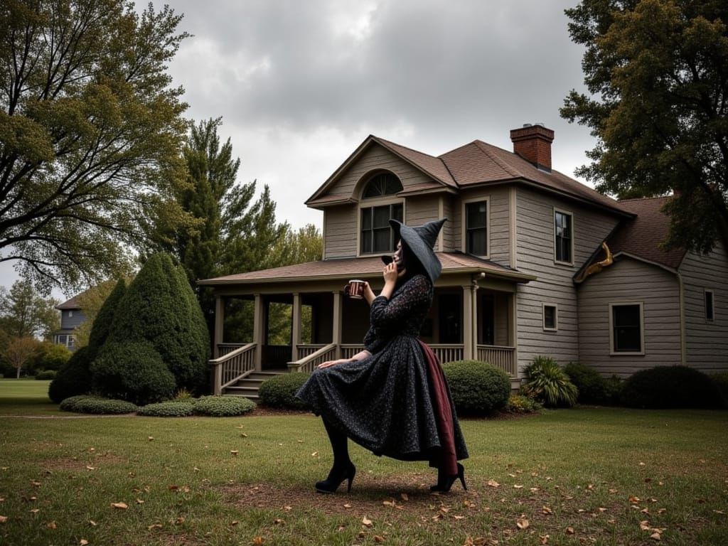 Spooky Mansion Witch Enjoys Coffee on Porch
