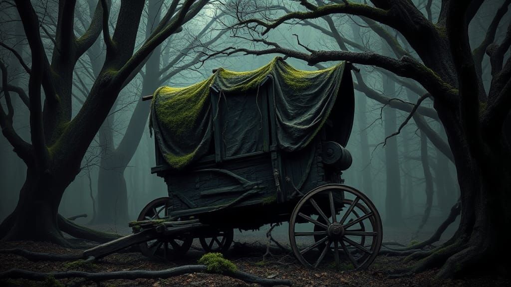 Abandoned Medieval Chariot in Dark Fantasy Forest