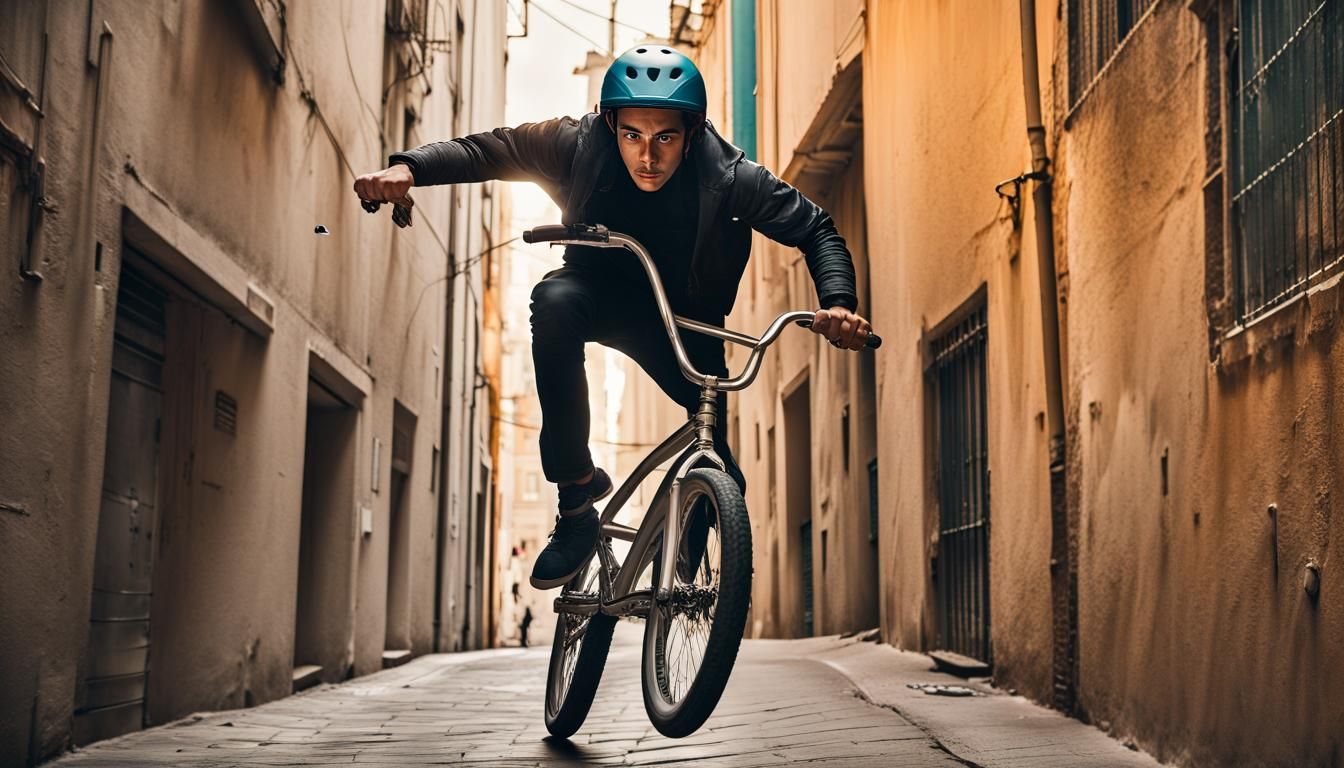 BMX Rider Leaping Through Alleys: Detailed Matte Painting