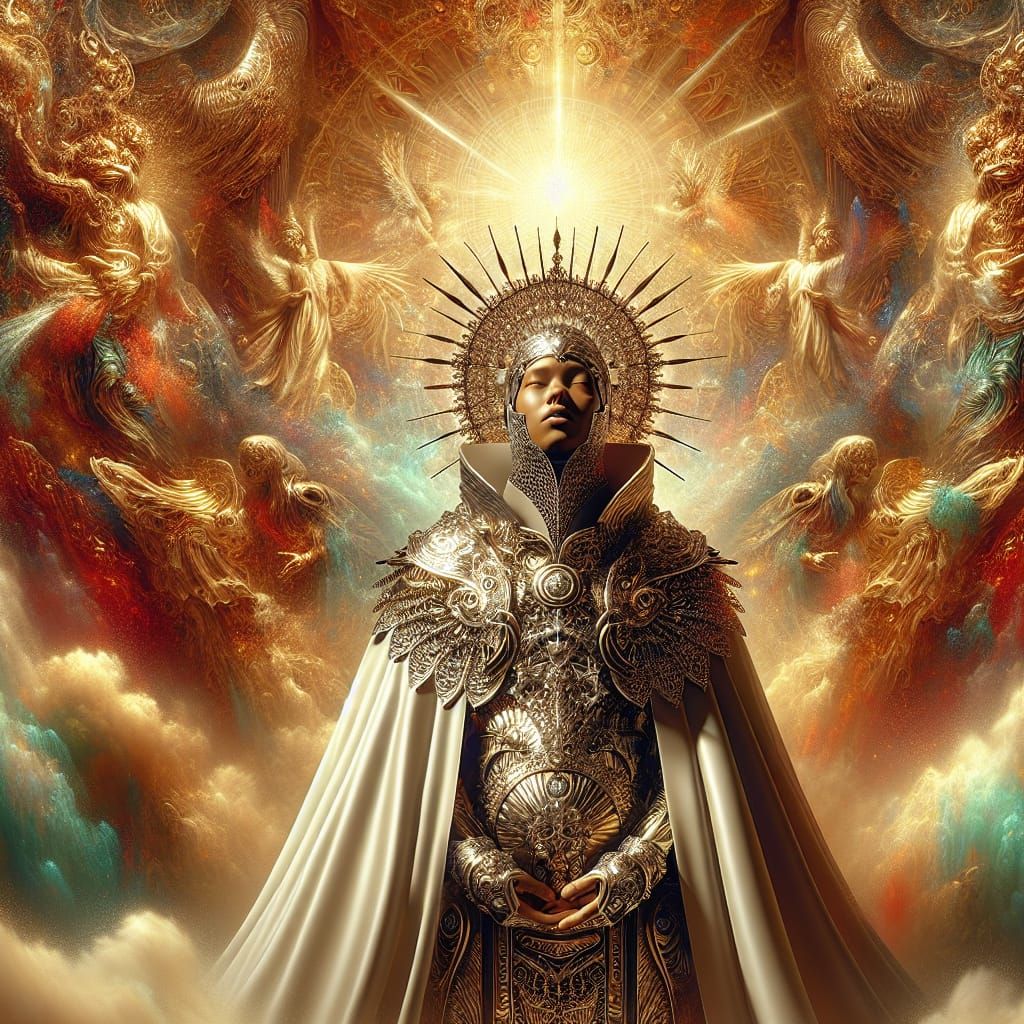 Pregnant Figure Ascending to Divinity in Elegant Armor