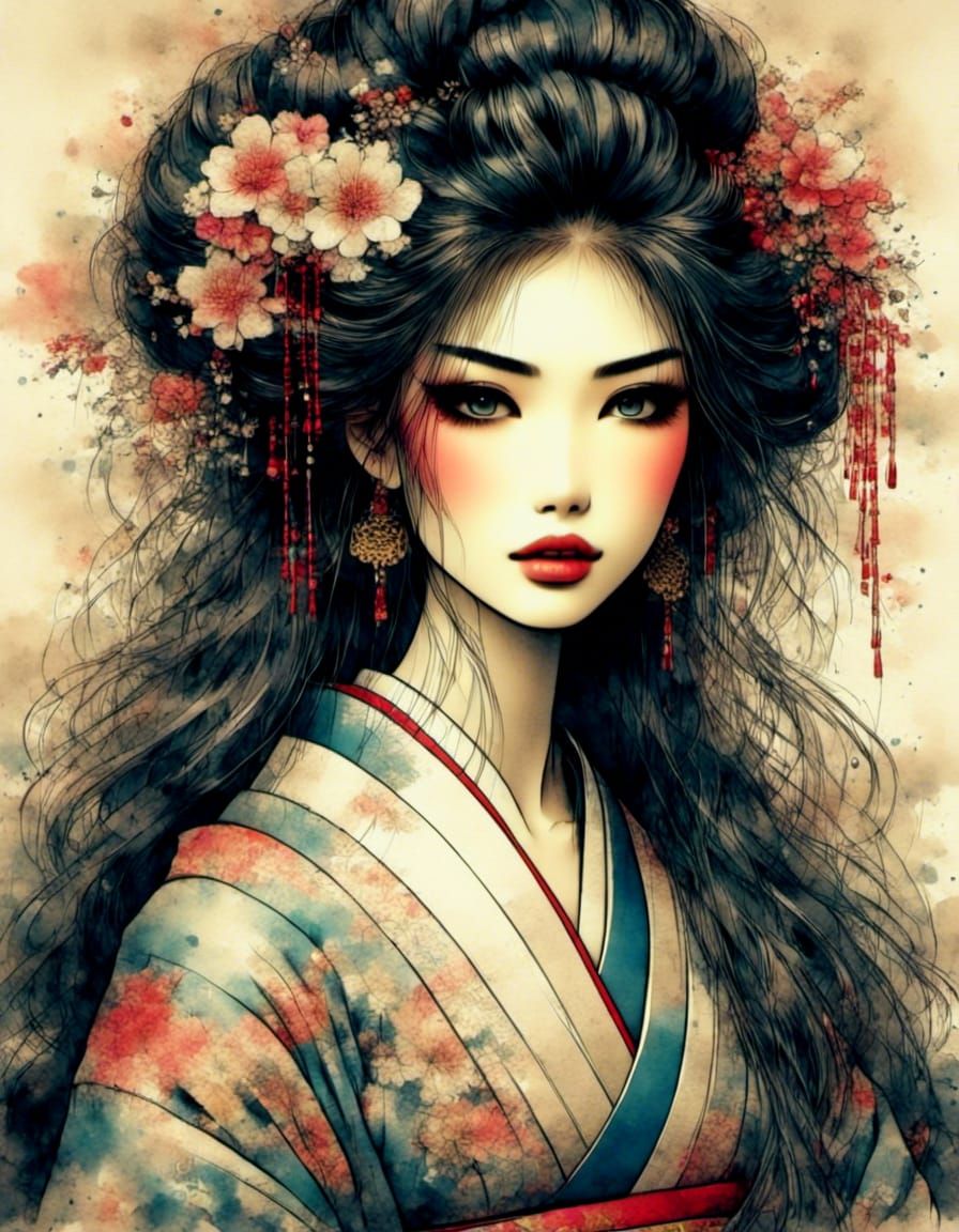 Stunning Geisha Portrait in Antique Watercolor Style