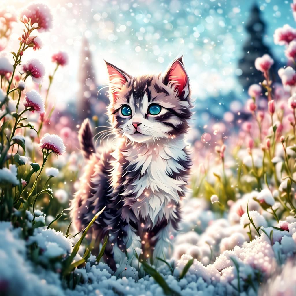 Hyperrealistic Kitten in Snowy Flower Field