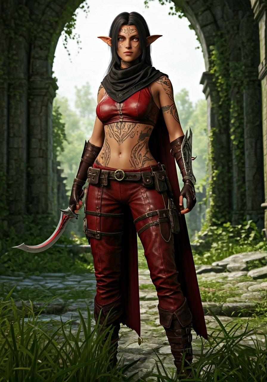 Female Elven Rogue in Red Leather with Dagger