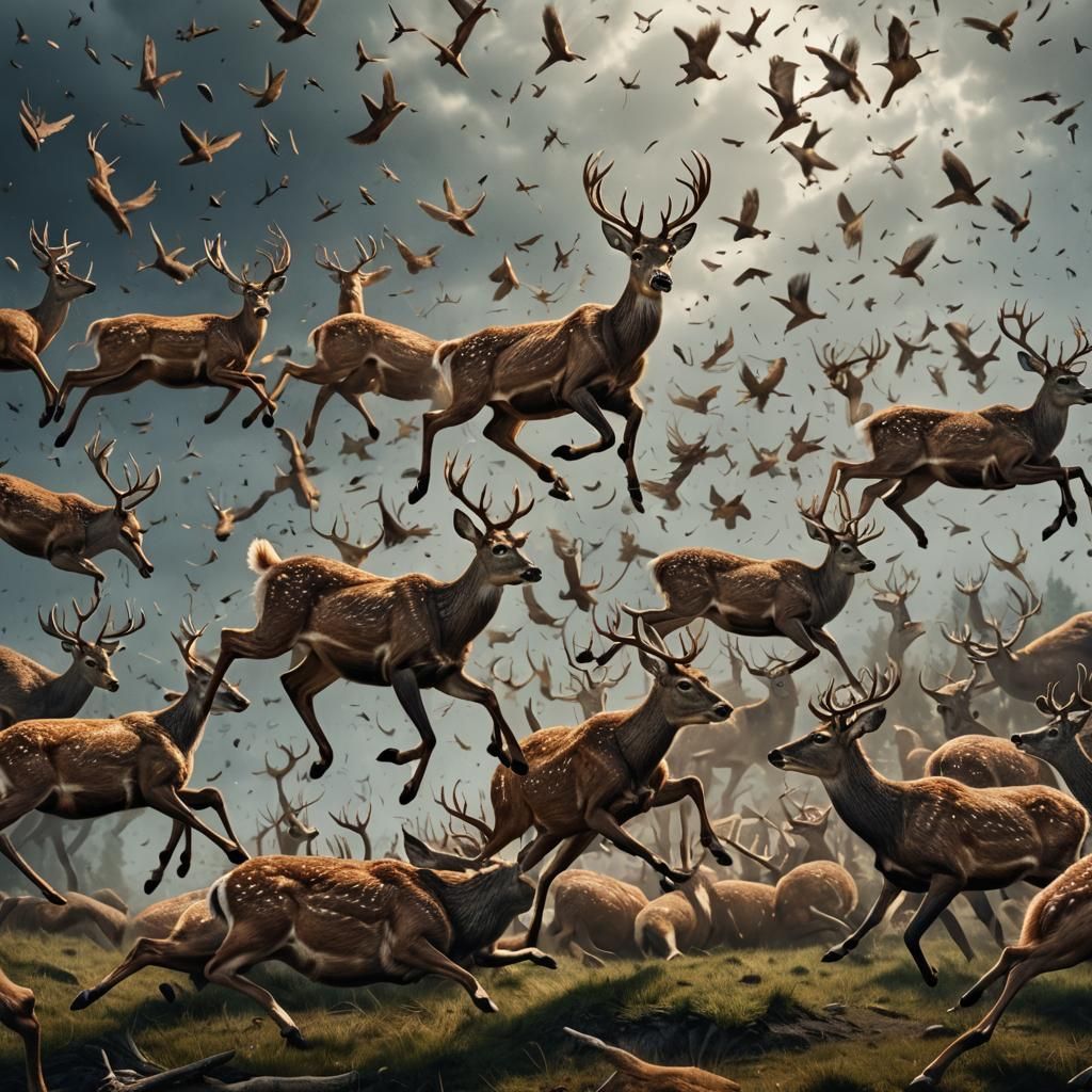 Surreal Deer Herd Falling From Sky: Hyperrealistic HDR
