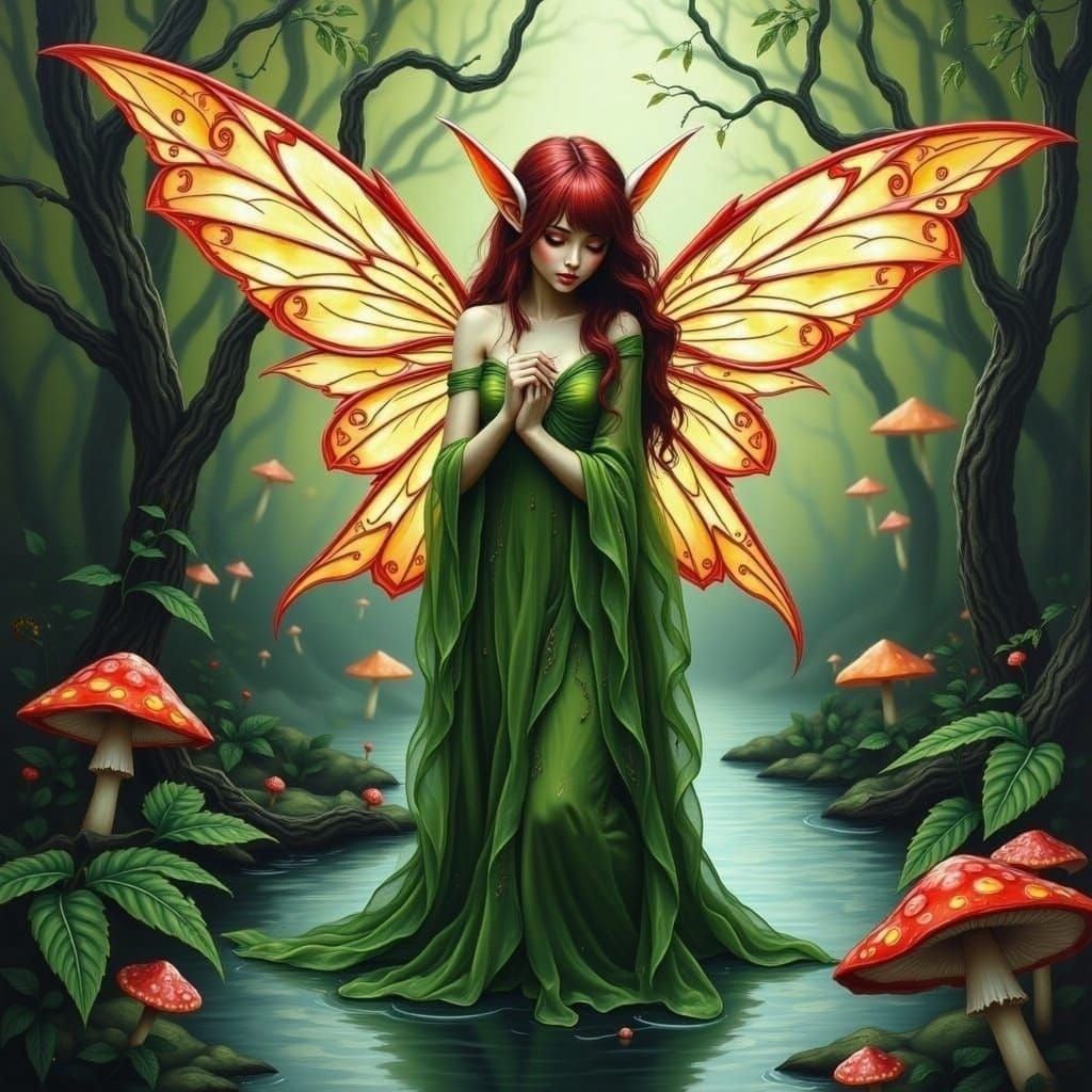 Red Fairy Reflects in Pond, Mystical Dreamlike Image
