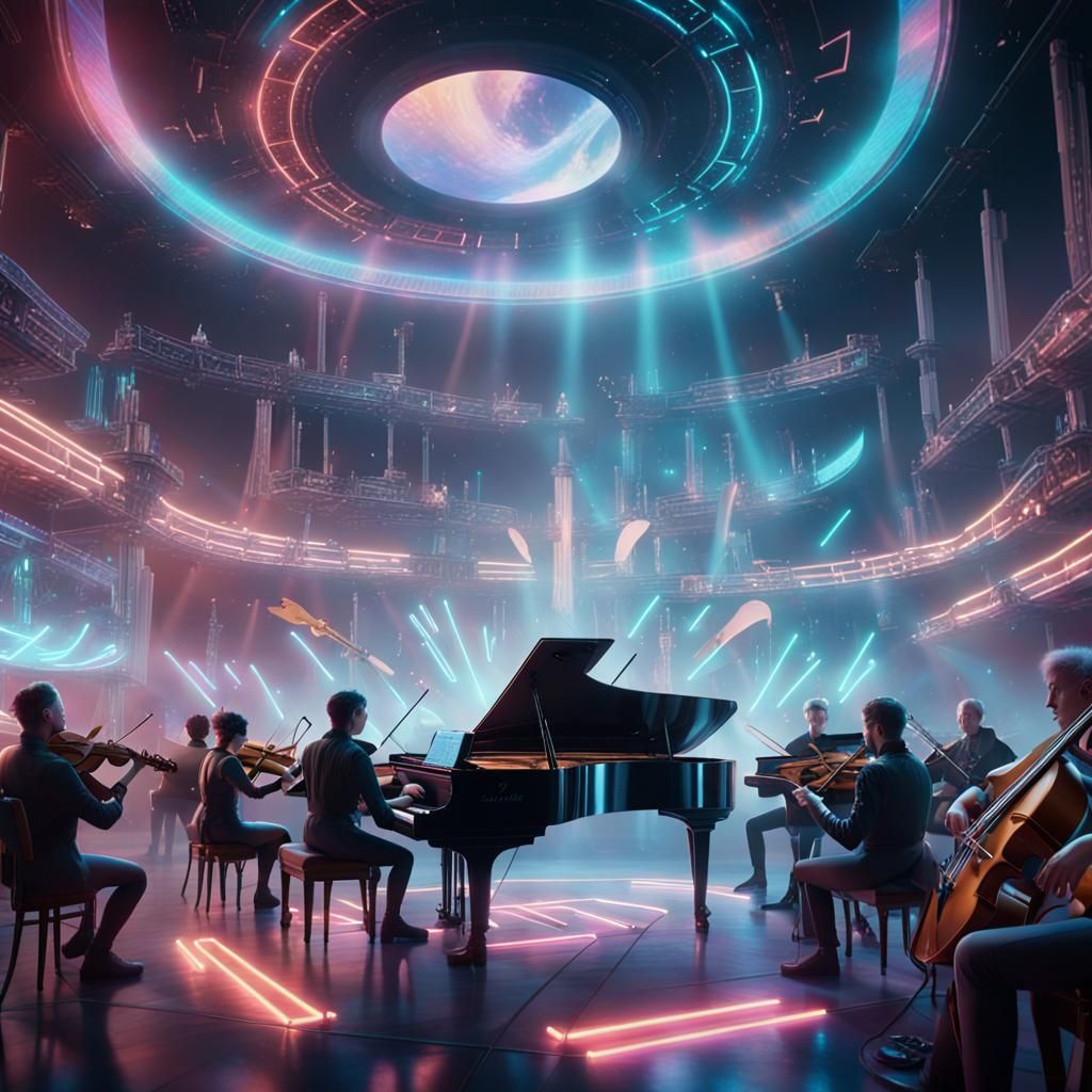 Holographic classical music concert in outer space, 8k hyperrealistic render, 3D holographic instruments; surreal and vi...