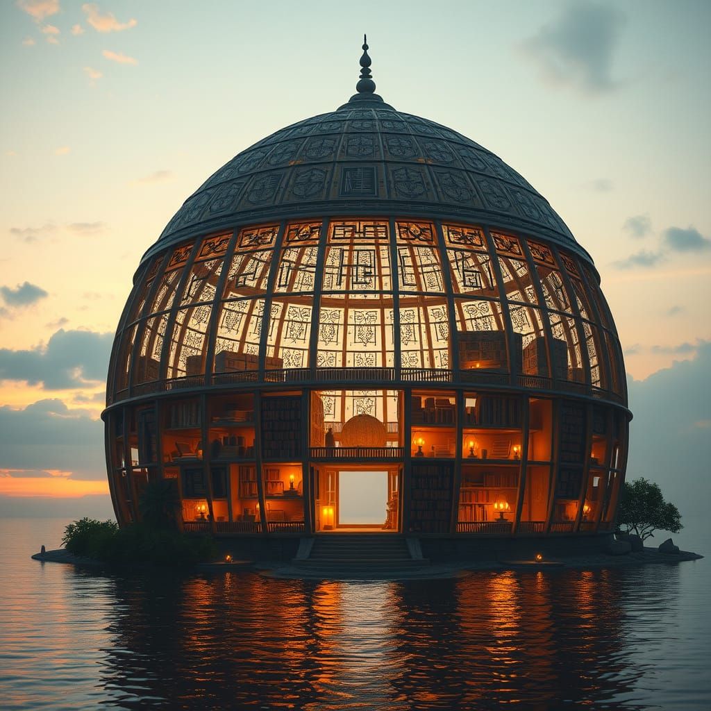 Colossal Bamboo and Papyrus Library at Sunset