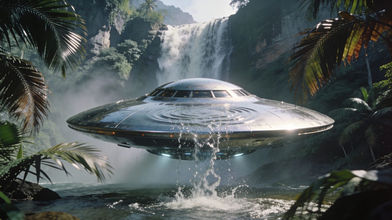 Chromium UFO Emerges From Tropical Waterfall