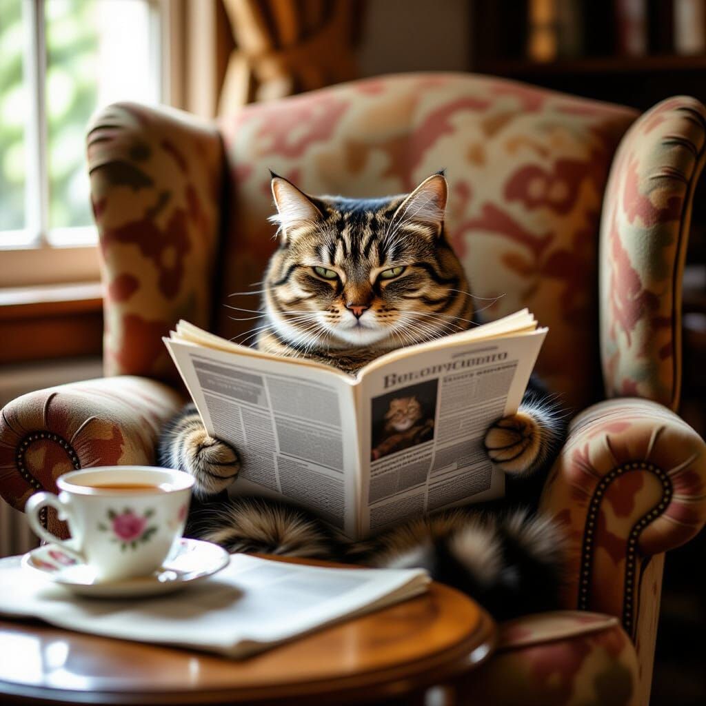 Boomer Cat Reads Newspaper in Cozy Armchair