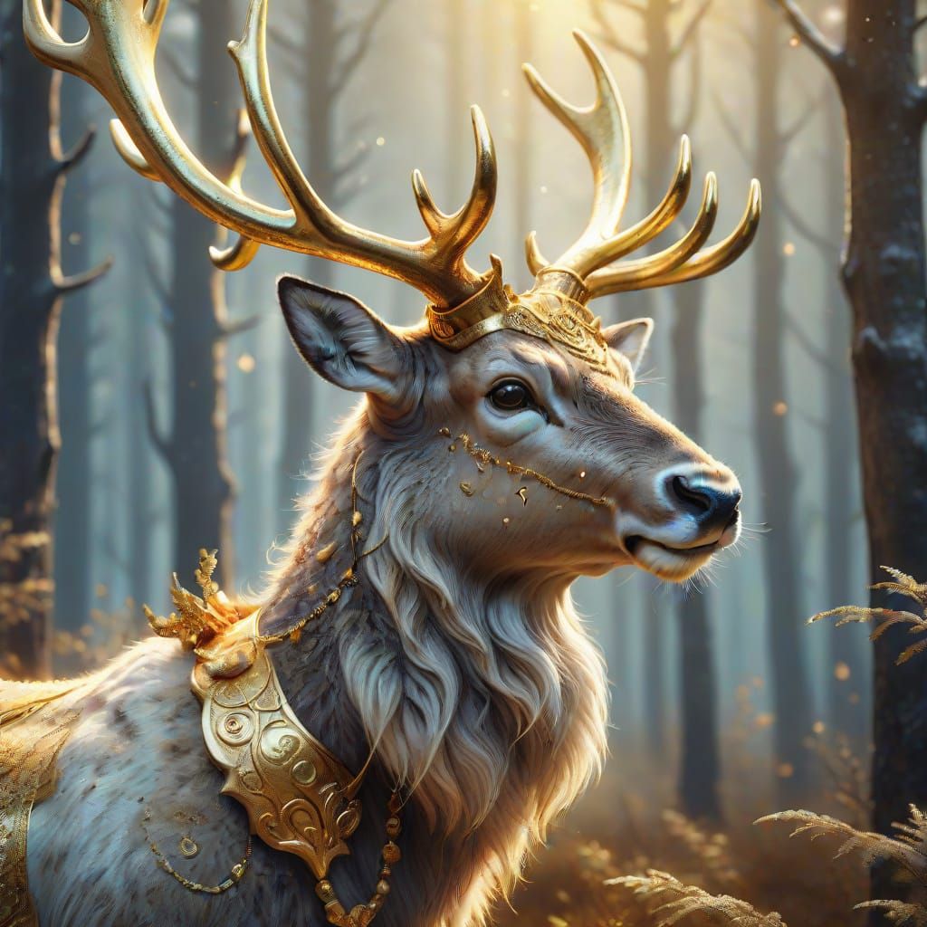 Golden Horned Reindeer in a Misty Forest