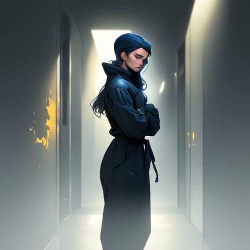 Dark Blue Clad Warrior in Futuristic Corridor