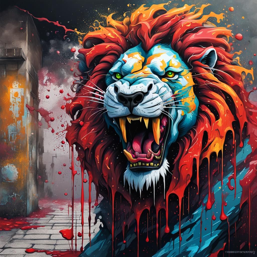 Robotic Lion Roaring: Graffiti Splash Art