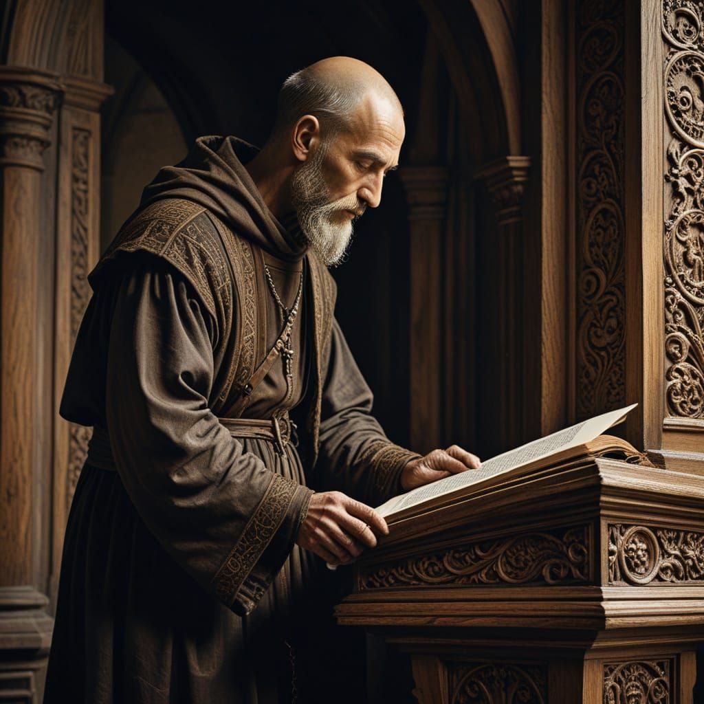 Medieval Monk Illuminates Scripture with Masterful Woodcut A...
