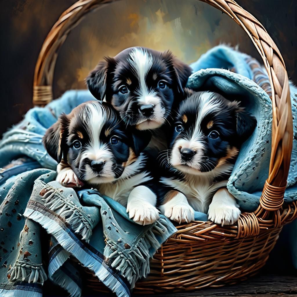 Puppies Napping in Basket, Matte Painting