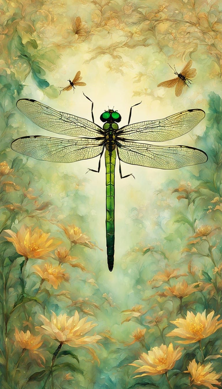 Dragonfly in Ethereal Gold and Green