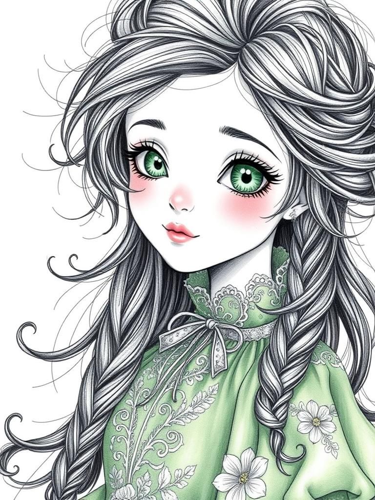 Whimsical Fantasy Girl Portrait in Pencil Sketch Style