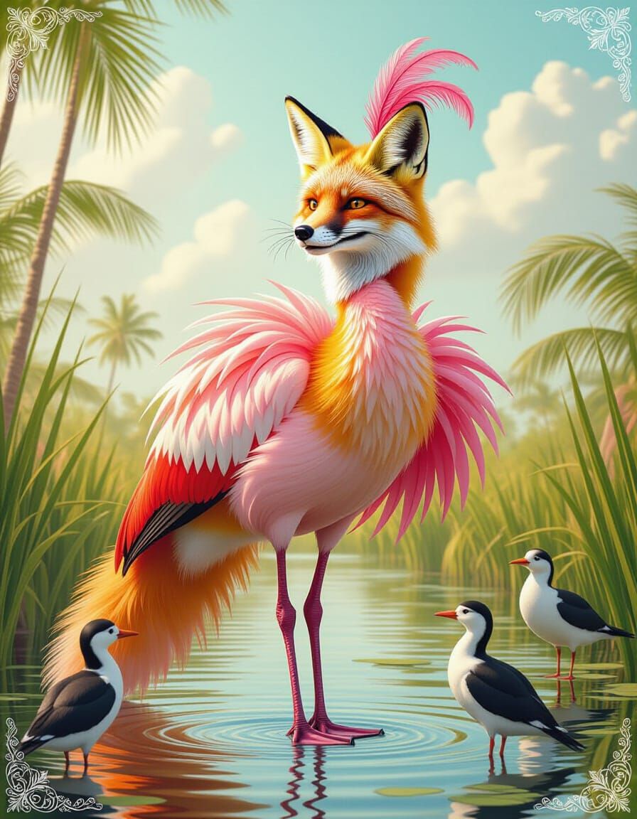 Mischievous Flamingo Fox in Tropical Marsh