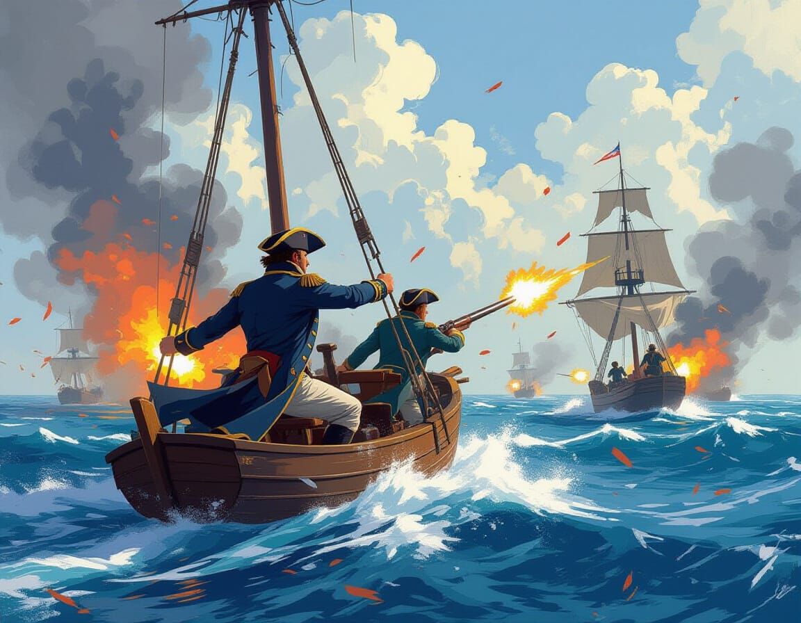 Epic Naval Battle Scene with Master and Commander Characters