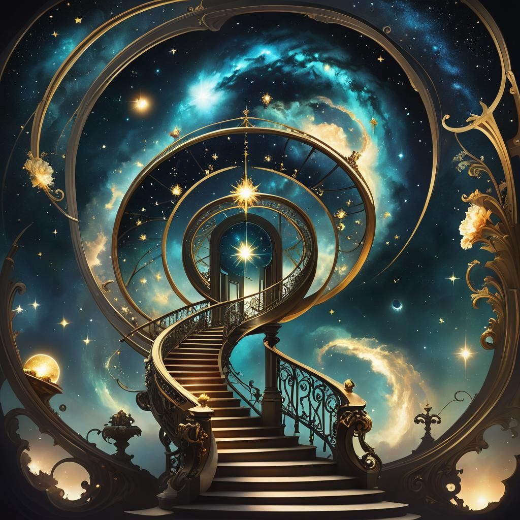 Surreal Season Portal with Staircase in Art Nouveau Style