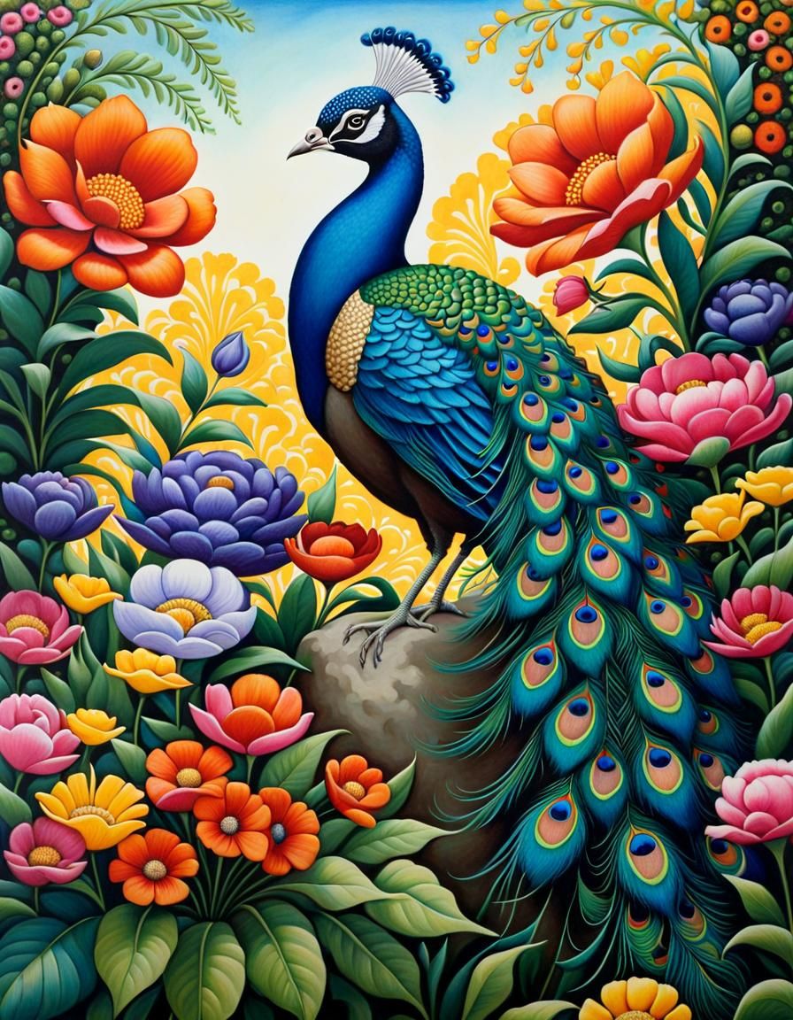 Peacock in Whimsical Garden: Stippling Gouache Style