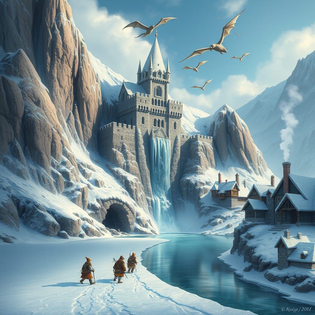 Majestic Winter Castle Amidst Snowy Peaks and Dragons