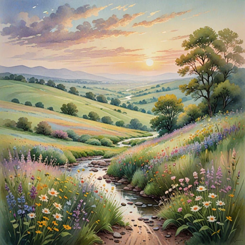 Serene Watercolor Landscape with Wildflowers and Stream