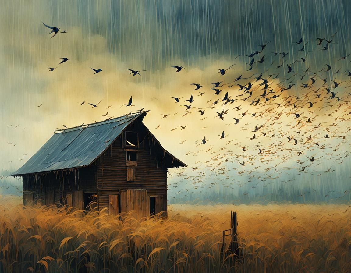 Artistic Flight of Barn Swallows in Storm