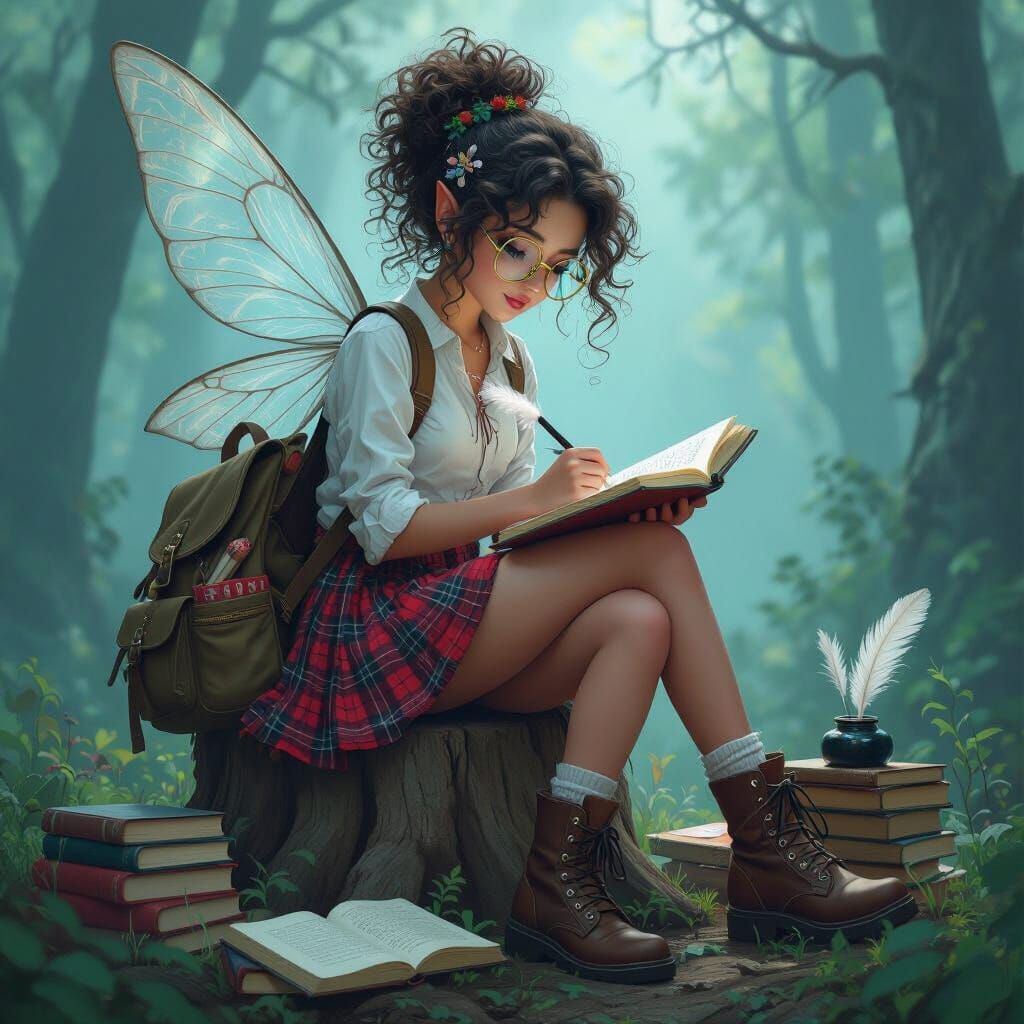 Whimsical Fairy Girl Writing in Misty Woods