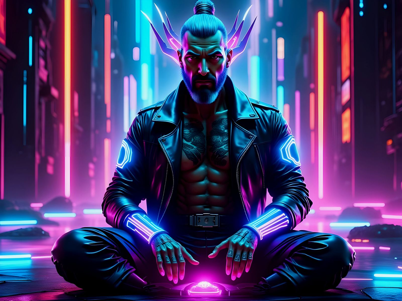 Cyberpunk Samurai Meditating with Holographic Dragon