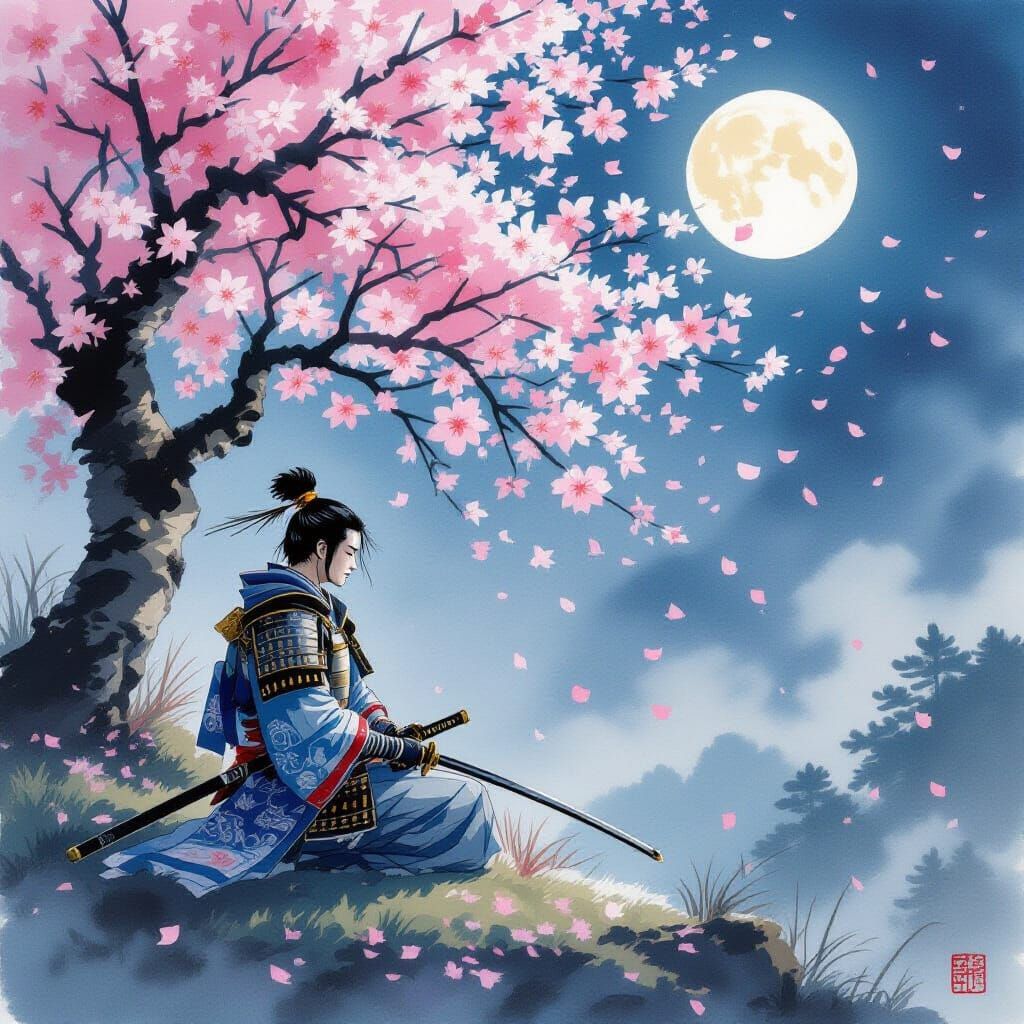 Samurai Meditates Under Cherry Blossoms in Japanese Style