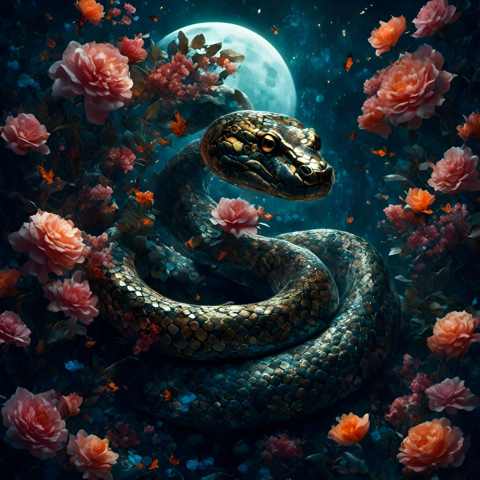 Magical Anaconda with Exotic Flowers Under Moonlight