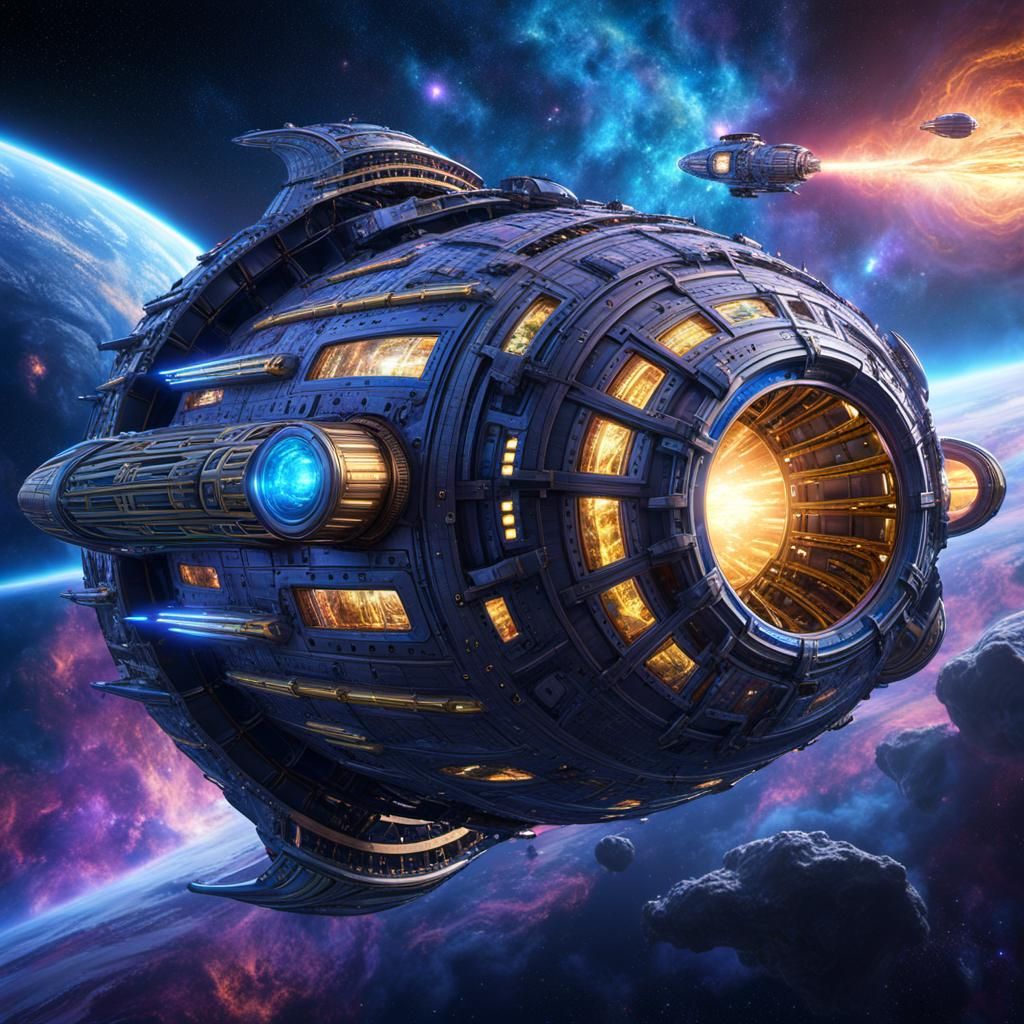 Cylindrical Spaceship Amidst Glowing Nebulas: Fantasy Concep...