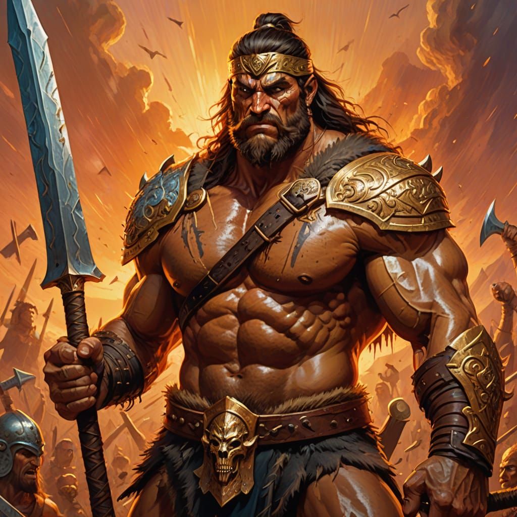 Barbarian Hero with Golden Axe: Oil Painting